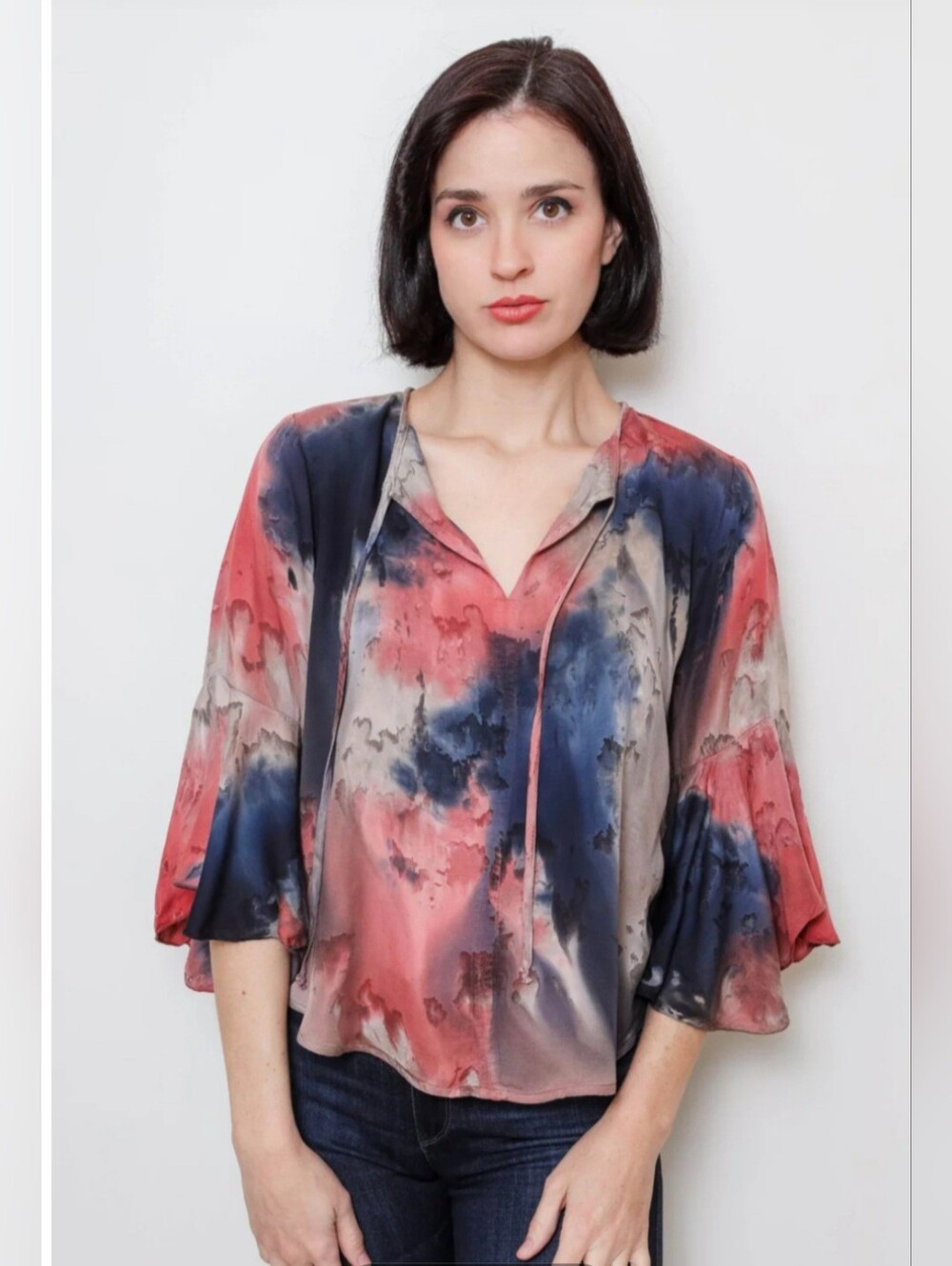 River + Sky Watercolor Tie-Dye V-Neck Blouse in Navy, Pink & Cream Size M